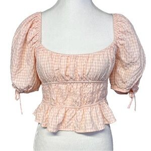 Elodie Pink White Gingham Plaid Puff Sleeve Milkmaid Crop Top Cottage Coquette M